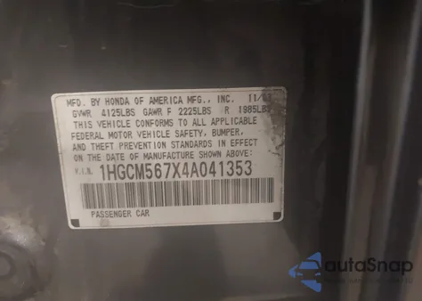2004 Honda Accord Ex from USA, damaged, VIN 1HGCM567X4A041353